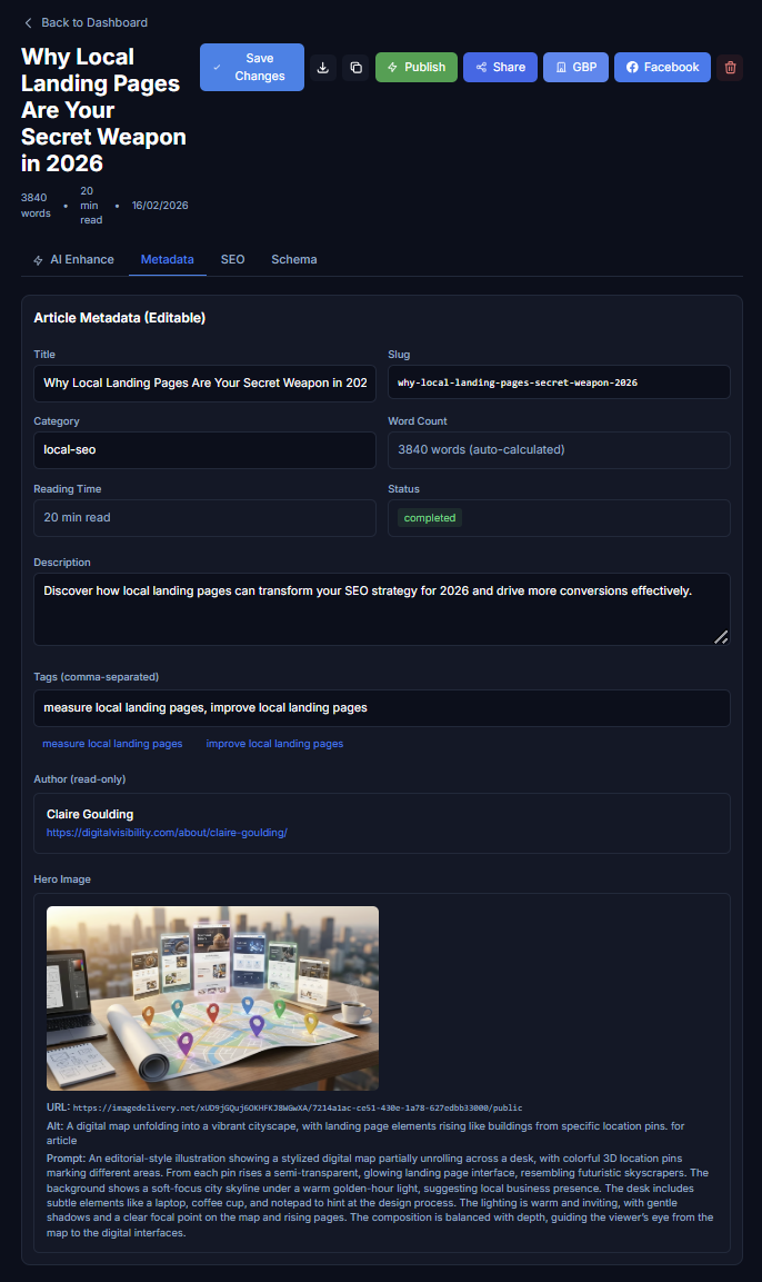 Article metadata editor showing title, slug, category, word count, reading time, tags, author, and hero image